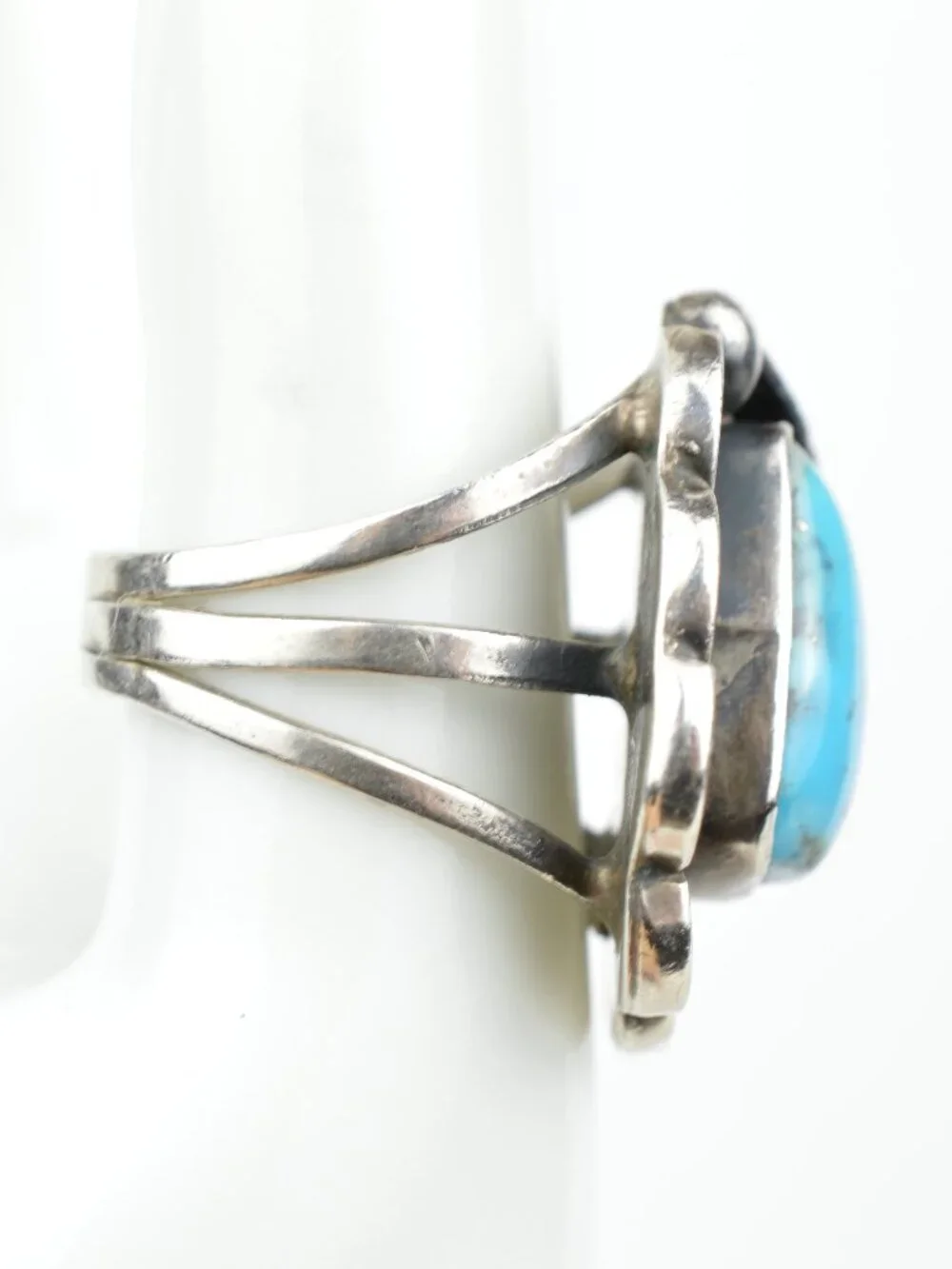 Vintage Navajo Kingman Turquoise Sterling Silver Shadowbox Feather Ring Size 8
